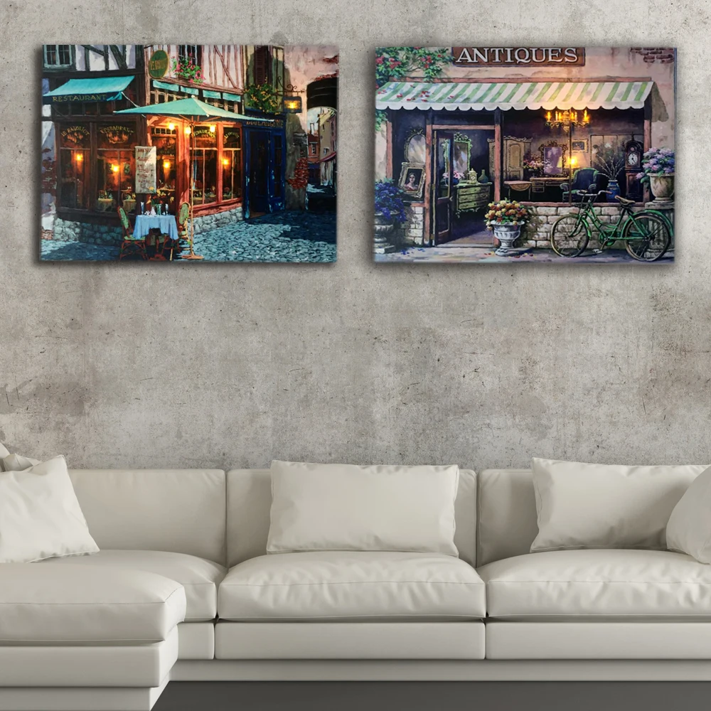 

Led Canvas oil painting Urban cafe with Antique Shop Street Scene wall picture illuminated canvas print light up wall art decor