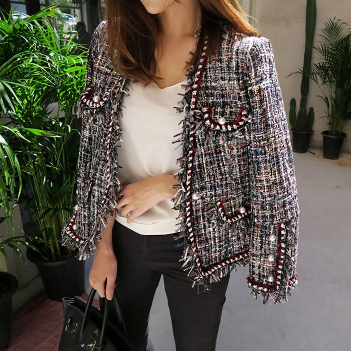 

New suit female short paragraph autumn and winter retro tassel pearl buckle weaving ladies rough tweed jacket