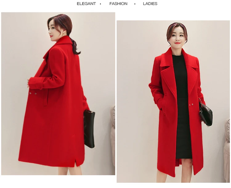 Женское шерстяное пальто, красное, с отложным воротником, тонкое, большого размера, уплотненное