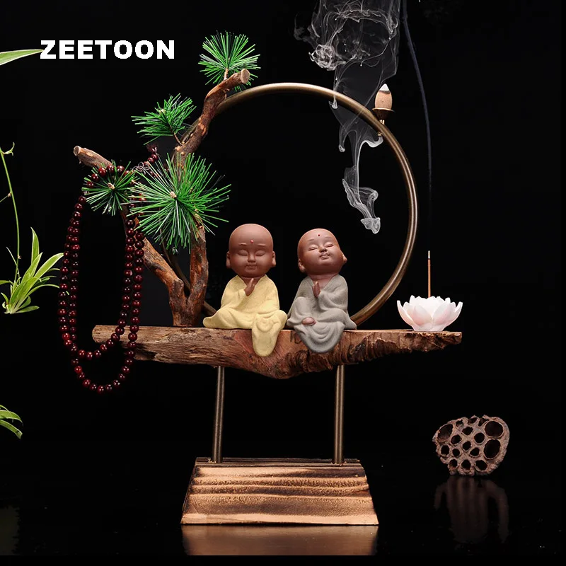 

Vintage Backflow Incense Burner with Monk Statues Lotus Beads Kit / Weathered Wood Censer Home Decoration Handicrafts Souvenir
