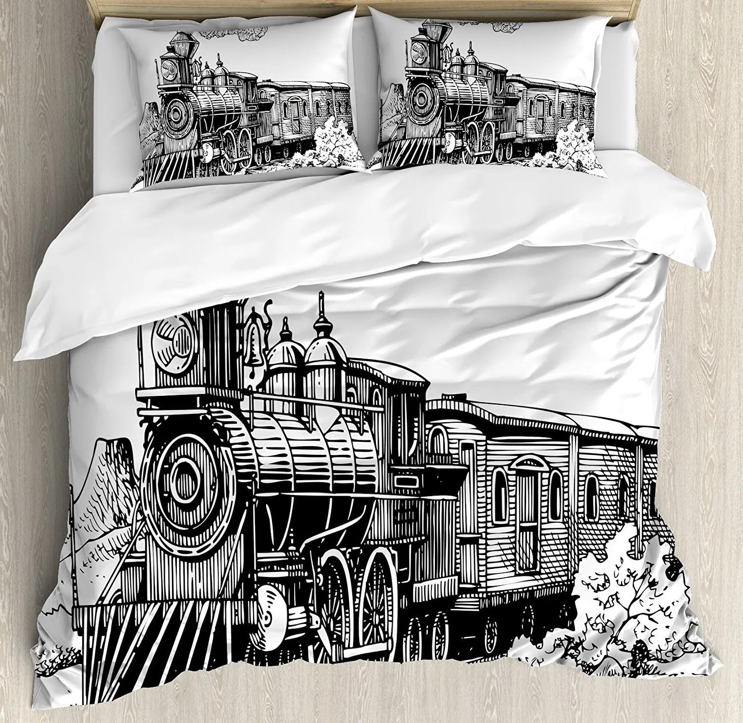 

Steam Engine Duvet Cover Set Rustic Old Train in Country Locomotive Wooden Wagons Rail Road with Smoke 4 Piece Bedding Set