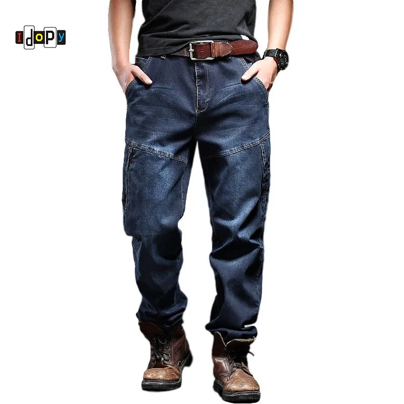 

Idopy Men`s Cargo Jeans Military Style Zipper Pocket Elastic Loose Fit Workwear Tactical Army Denim Pants For Male Plus Size