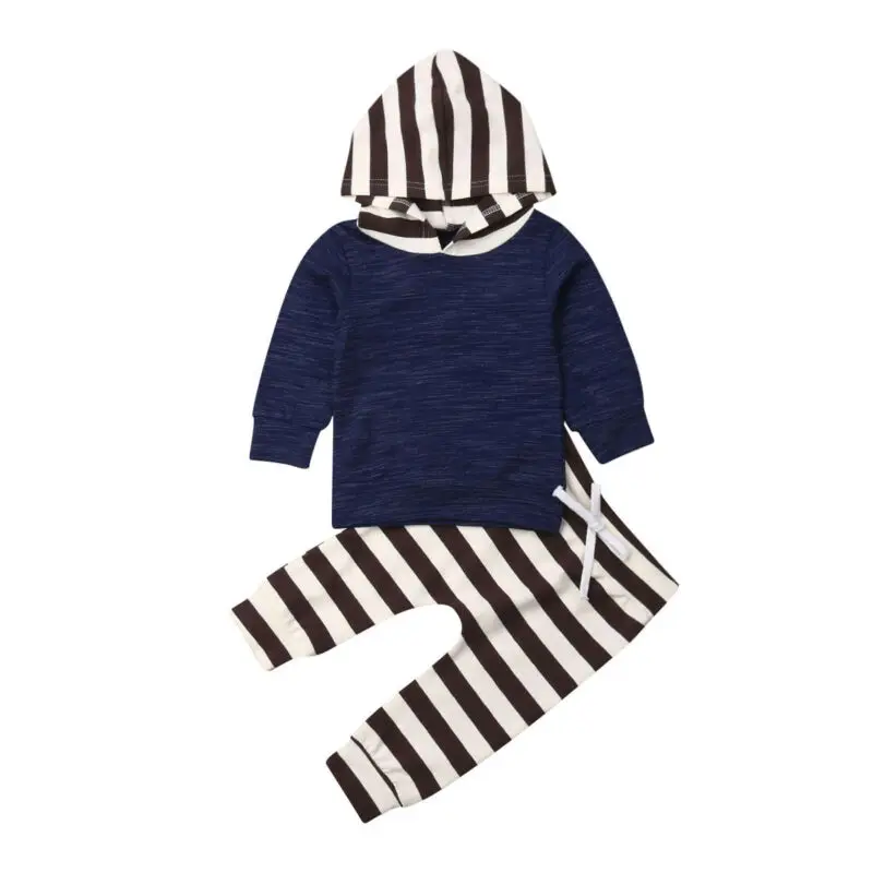 2019 Toddler Baby Boy Kid Clothes Set Autumn Fall Long Sleeve Hooded Top Striped Floral Pants Cotton Clothing Costume 2PCs |