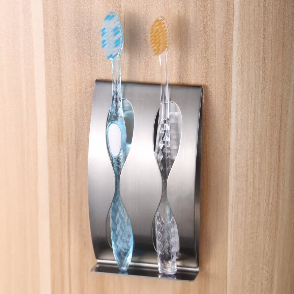 

Stainless Steel Two Holes Toothbrush Holder Wall Mount Suction Cup Type Self-adhesive Tooth Brush Organizer Bathroom Storage