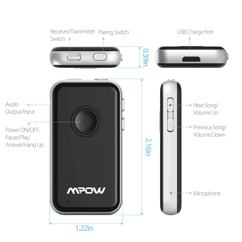 Mpow 2-в-1 Bluetooth приемник передатчик Мини Bluetooth адаптер с микрофоном со системой «Хендс-фри» и Bluetooth AUX адаптер для автомобильного аудио Системы