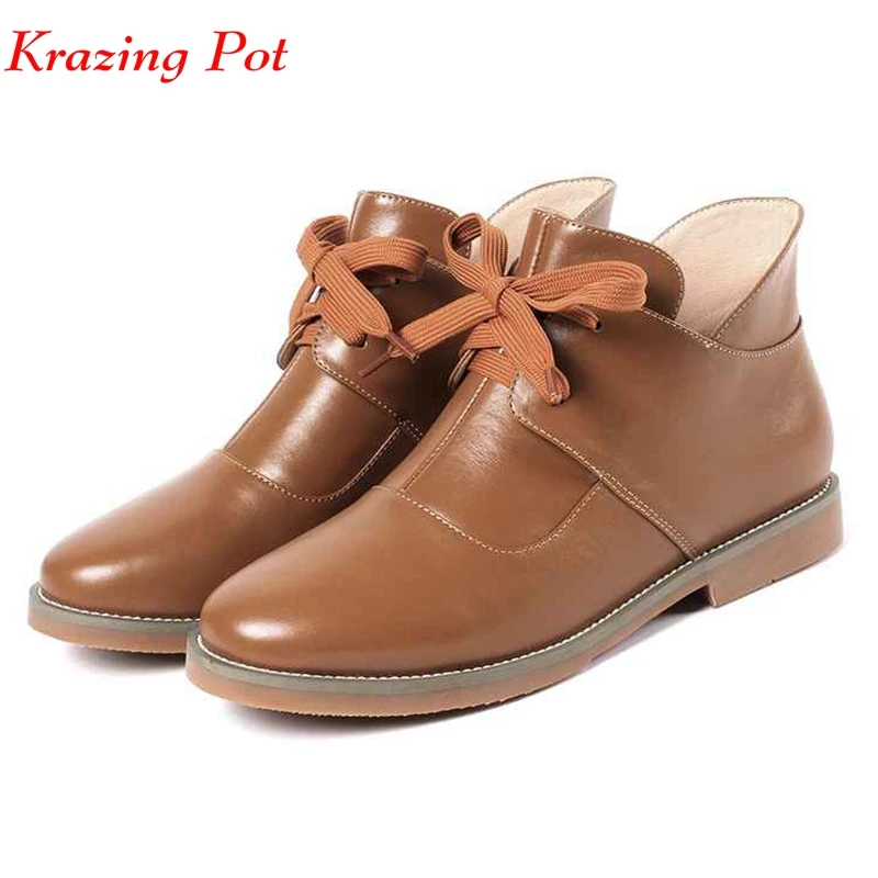 

Krazing pot new genuine leather lace up gorgeous round toe comfortable simple lazy style low heels preppy school ankle boots L07