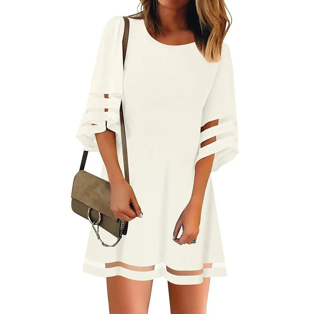 

New Fashion Women Casual O-Neck Flare Sleeve 3/4 Hem, A-line Patchwork Above Knee Mini Dress None