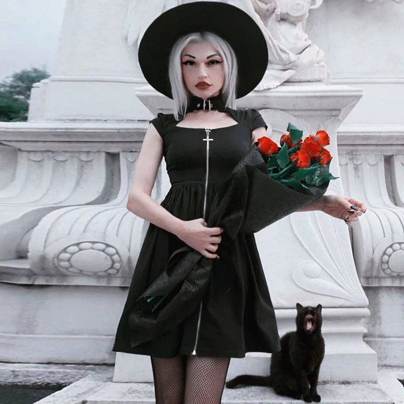 

Rock Punk Black High Neck Front Zip Hole Short Sleeve Waist Slim Mini Dress Gothic Night Club Party Bandage Fancy Dresses Women
