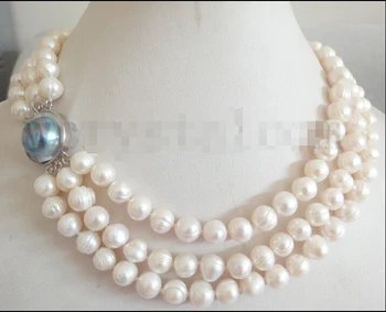 

3-row white cultured freshwater pearls 8x9mm mabe clasp necklace ^^^@^Noble style Natural Fine jewe FREE SHIPPING