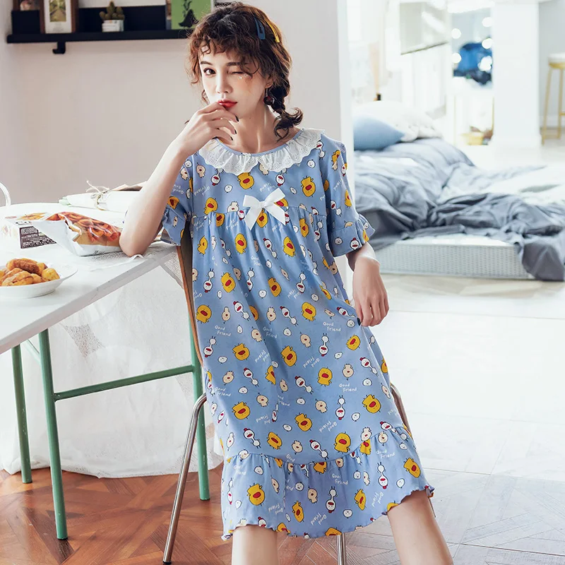 

Womens Summer Short Sleeve Animal Sleep Dress Lovely Cartoon Lace Sleepshirt Plus Size Lady Nightdress Young Girl Night M-3XL