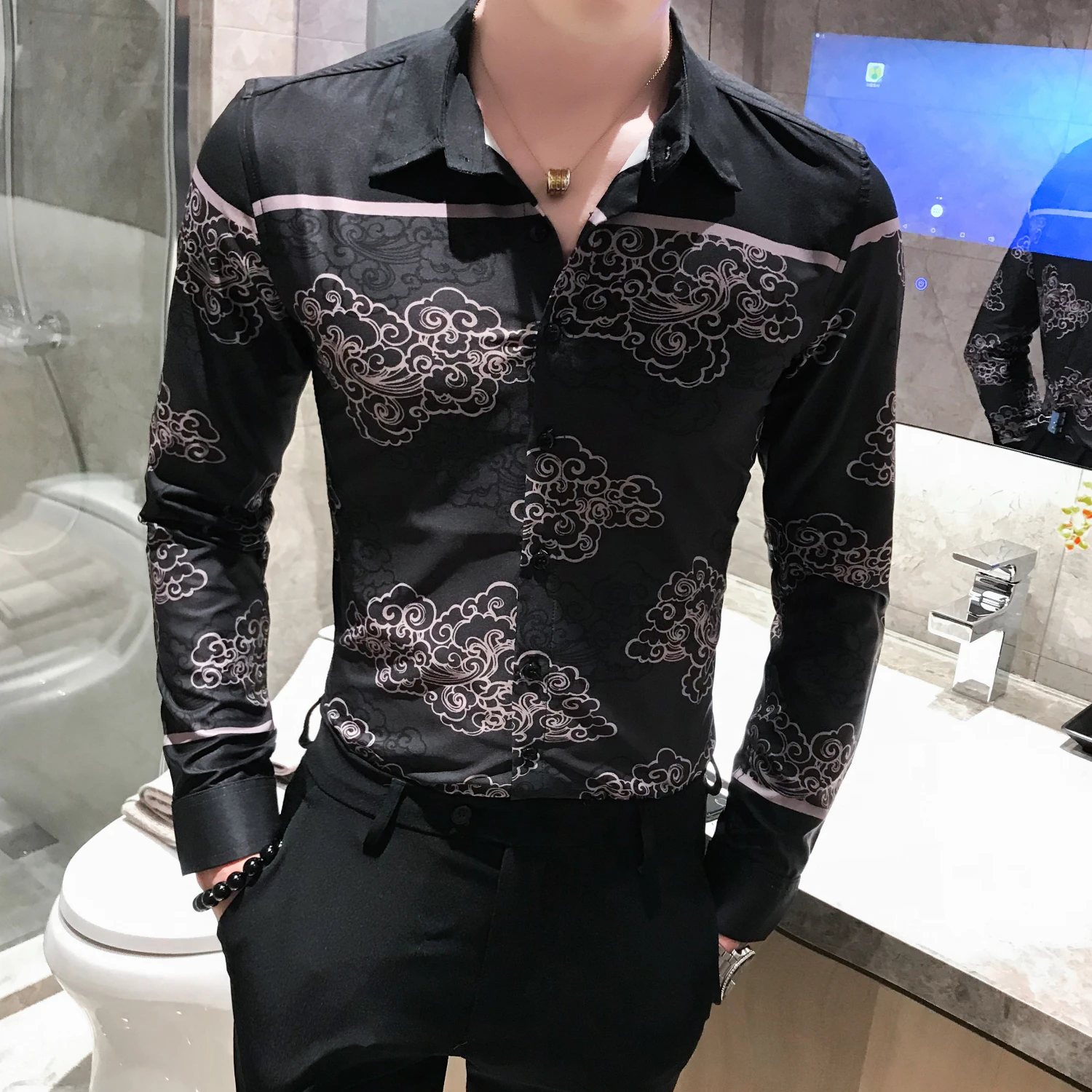 Мужская одежда Camisa Homem рубашка с цветочным принтом осенний корейский узор в китайском стиле Мужская рубашка с длинными рукавами Camisa Masculina