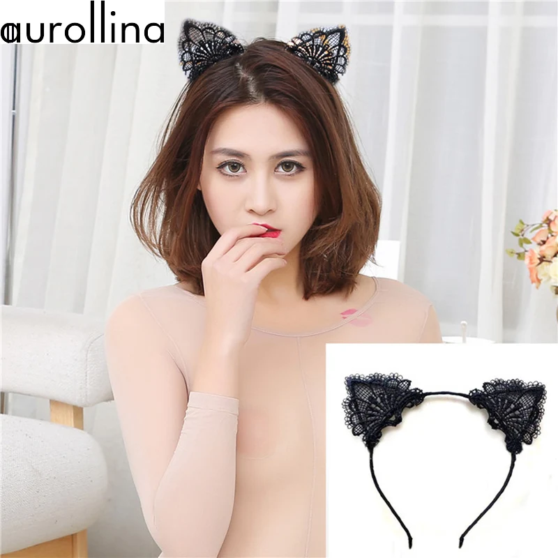 Sexy Adult Woman Flirting Innocent Headband Lace Hollowout Cat Ear Catwoman Kitten Ear Cute Hairband (1)