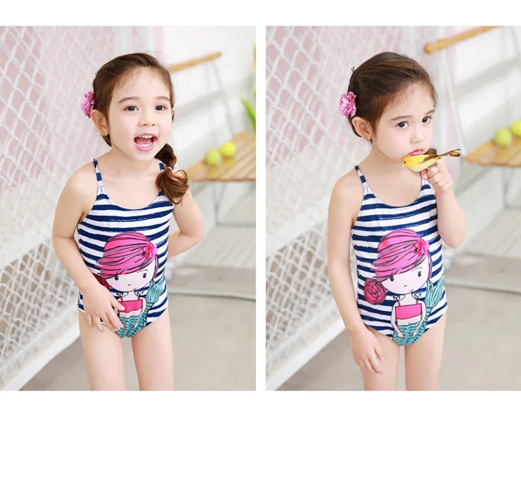 Цельный купальник для маленьких девочек; купальный костюм в синюю полоску; детская модель купальника; одежда для плавания с рисунком для маленьких девочек; пляжная одежда