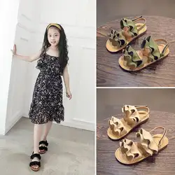 Дети босоножки, детская обувь девочки оборки лето мода цветы детские сандалии повседневная детская обувь на плоской подошве пляжные