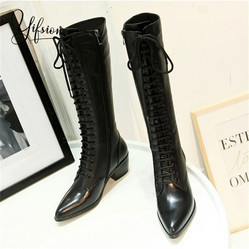 

OLOME New Fashion Black Red Gladiator Side Zip Women Knee High Boots Pointed Toe Chunky Heel Women Winter Boots Shoes Woman