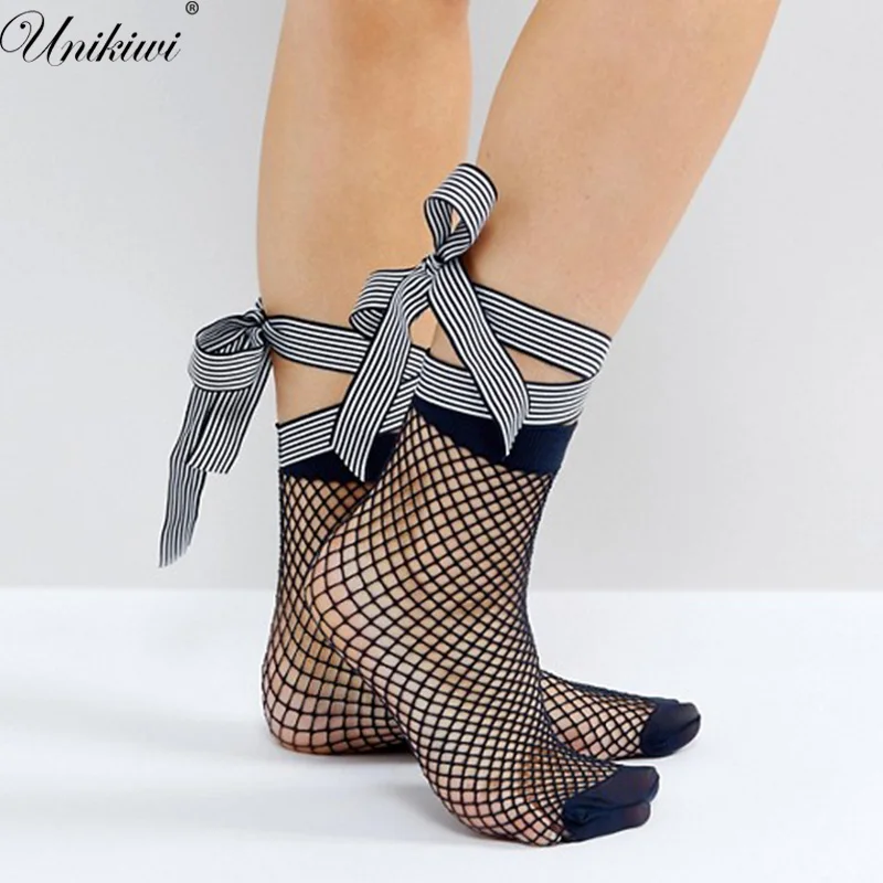 

UNIKIWI Women's Harajuku Stripe Ribbon Lace up Bow Fishnet Socks.Lady Sexy Hollow out Fishnets Mesh Nets Socks Girl's Sox