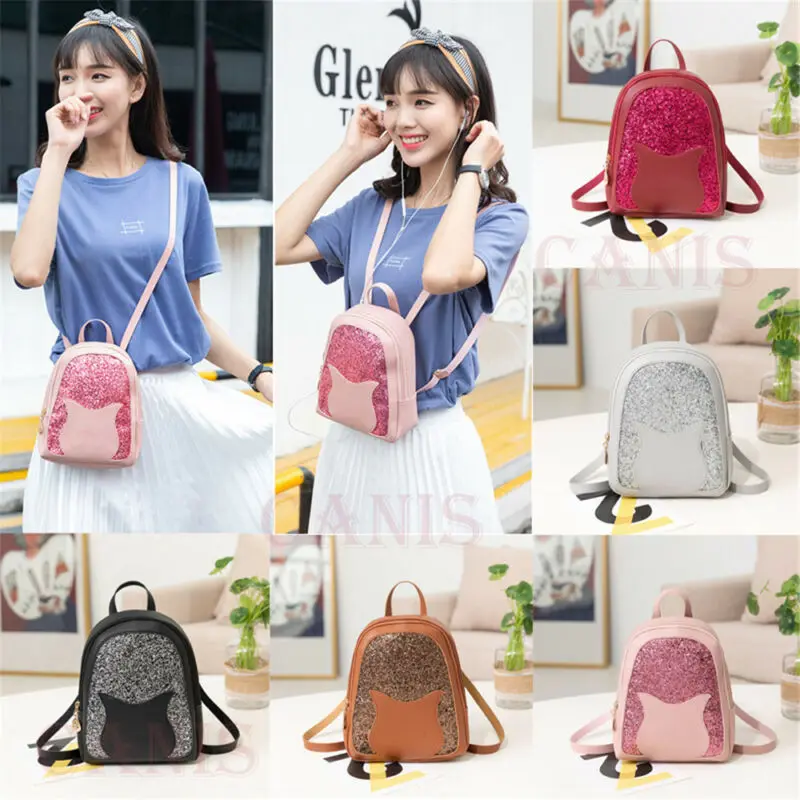 

Women Kids Girls Mini Faux Leather Backpack Sequin Bags Rucksack School Bag Travel Handbag Cartoon Animal Pattern 2019 New