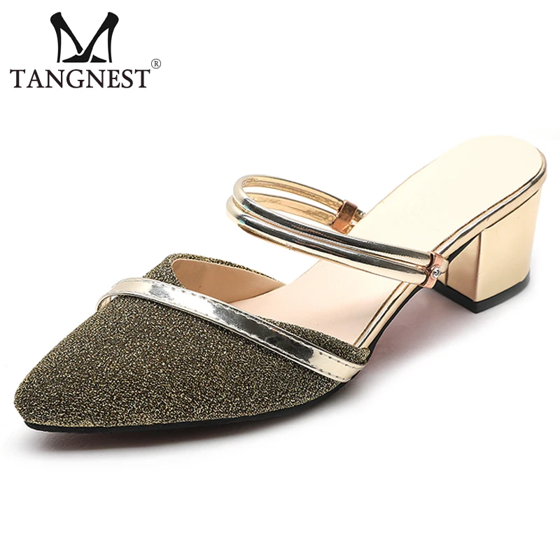 

Tangnest 2019 New Summer Bling Mules Women Gold Med Square Heels Slip On Slippers Pointed Toe Sandals Ladies Sexy Shoes XWT1545
