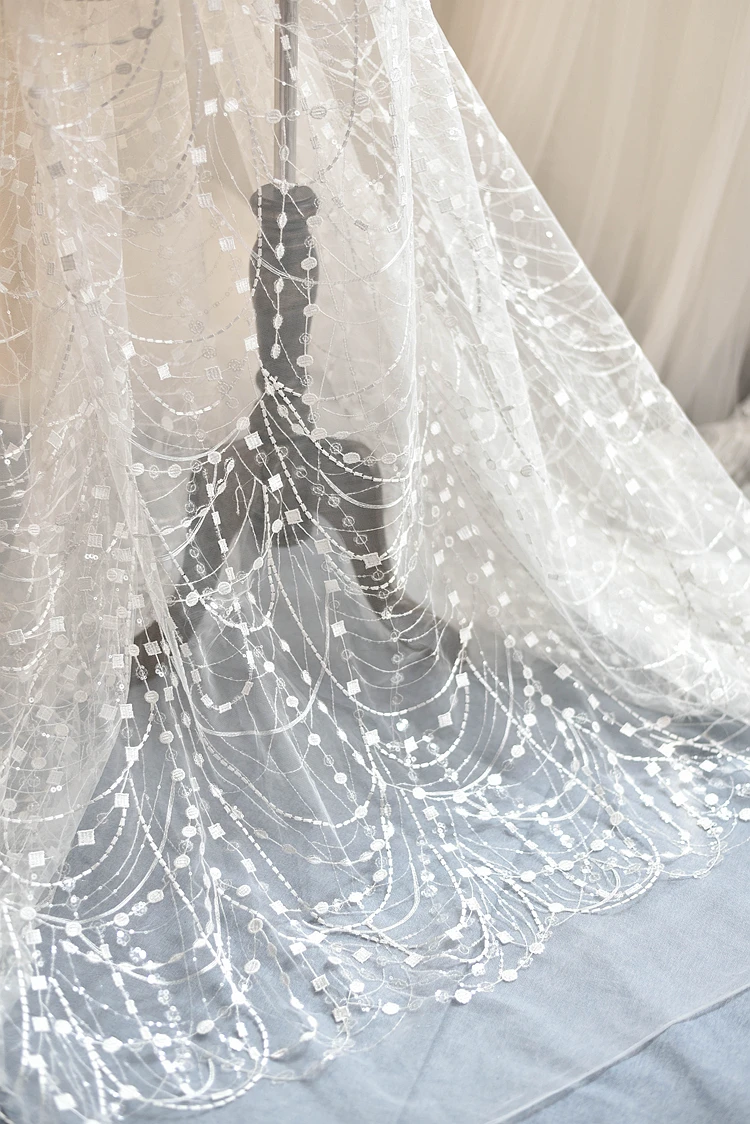 1 ярд с белыми прозрачными блестками Свадебная линия кружевная ткань для свадебного платья от кутюр свадебные аксессуары танец живота ткань
