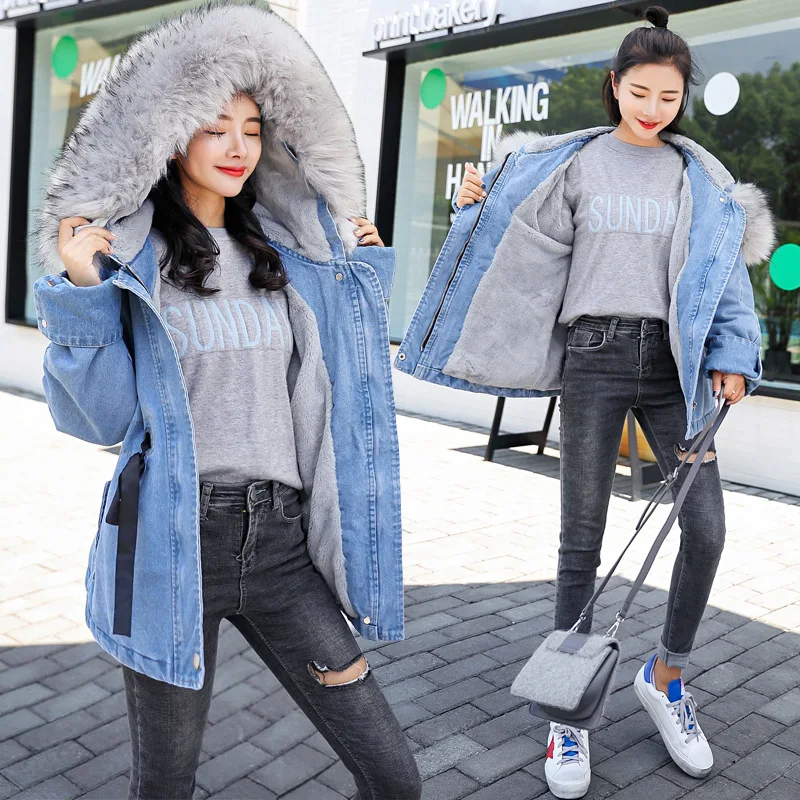 

Korean Women Parka Outwear Fashion Rabbit Fur Denim Coat Hooded Denim Jacket Winter Thickening Warm Coat Cotton-padded Jacket