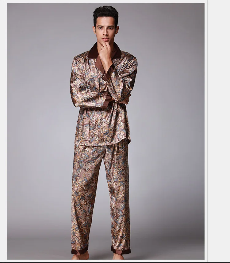 Новое поступление осень Для мужчин Повседневное Высокая искусственного шелка пижамы топы и брюки наборы lounge Домашняя одежда, ночное белье