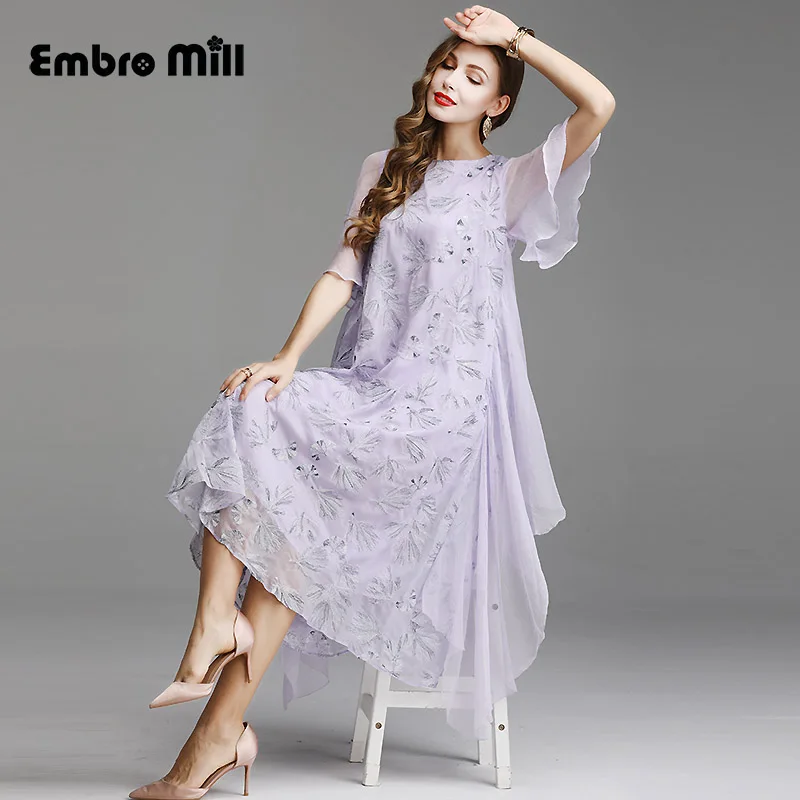 

The New summer embroidery Slim stylish dress for women Retro O-neck Ruffle sleeve lady elegant dress S-2XL