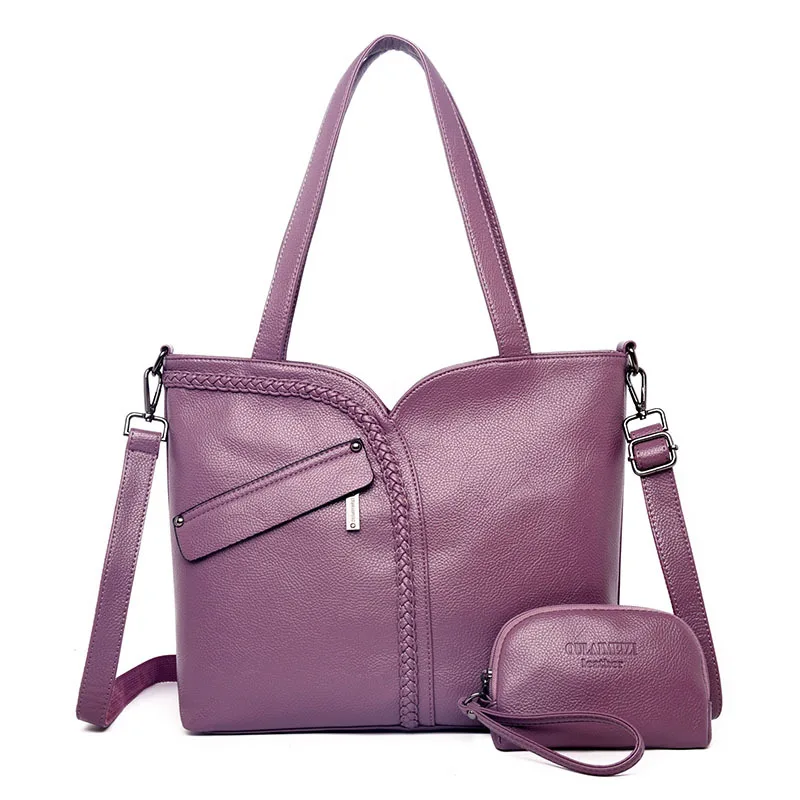 Большая вместительная мягкая кожаная сумка на плечо, женские большие кошельки и сумки, женская черная фиолетовая темно-синяя Повседневная Сумка-тоут, женская сумочка - Цвет: purple