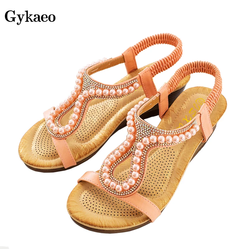 

Gykaeo Diamond Beads Gladiator Sandals Women Fashion Party Wedding Comfort Wedges Shoes for Women Med Heels Rome Sandalias 41 42