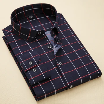 

Men Casual Shirts Cotton Plaid Turn-down Collar Long Sleeves Autumn Slim Red Blue Fashion mens work shirts 2019 Spring NEW C107