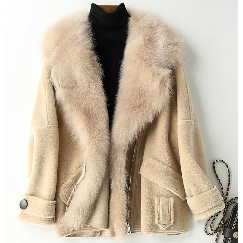 

Real Fur Coat Brand 2019 Winter Jacket Women Granule Lambswool Female Natural Fox Fur Collar Sheep Shearing Fur Outerwear Warm