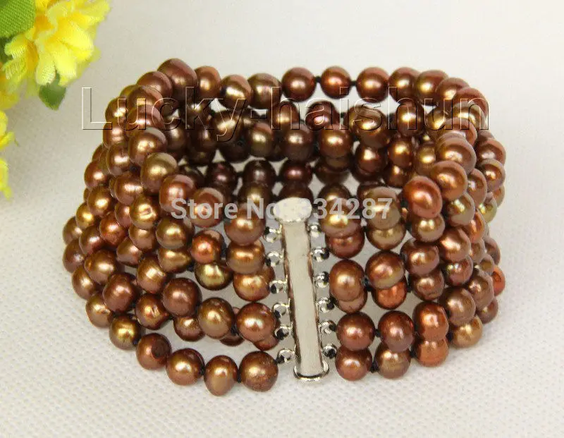 

Genuine 6row 8" 7mm coffee pearls bracelet magnet clasp