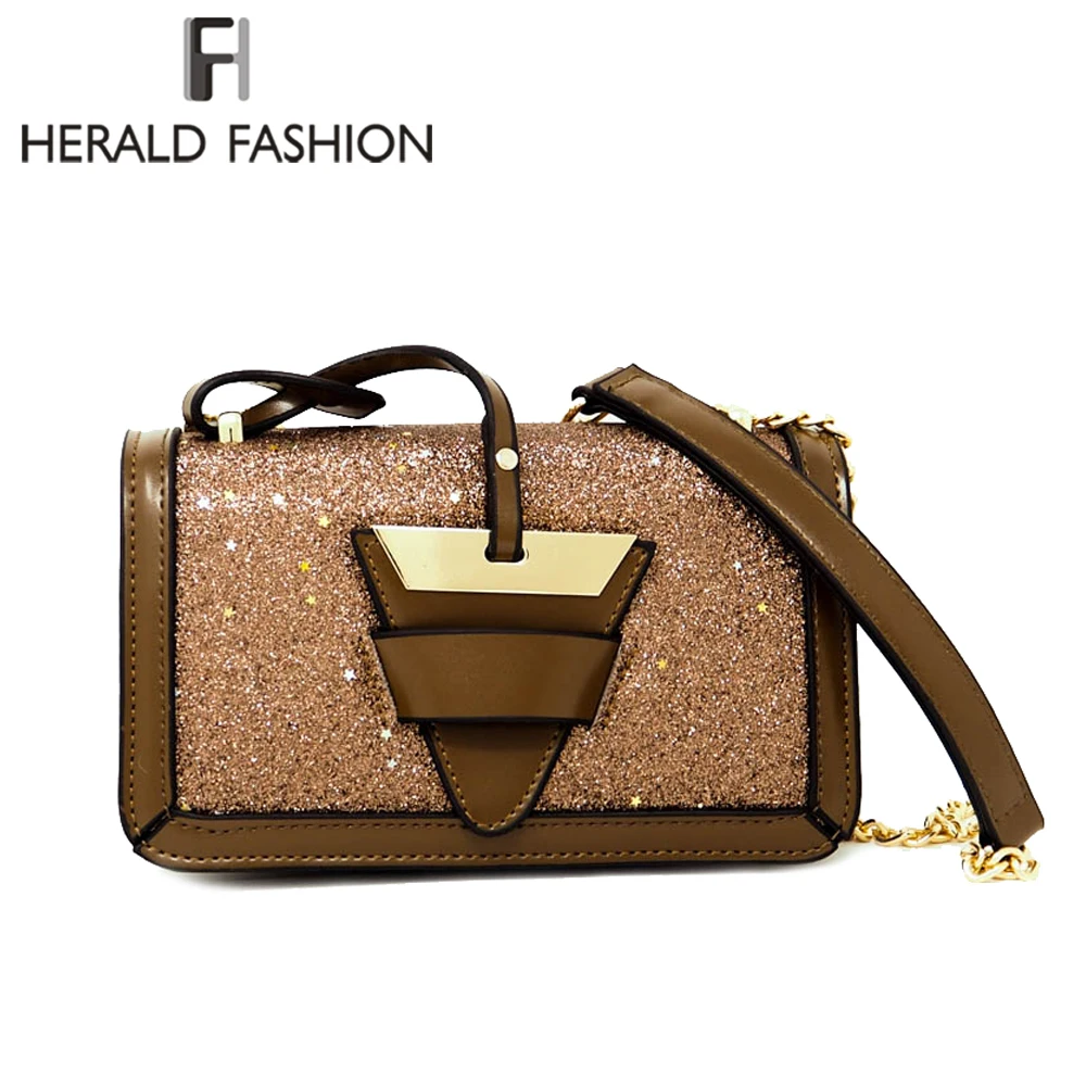 

Herald Fashion Sequined Messenger Bag Quality Leather Women's Flap Bag Panelled Female Shoulder Bag Vintage Lady's Crossbody Bag