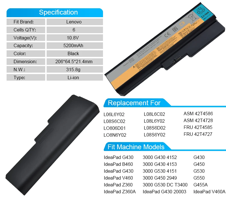 5200 мАч батарея для ноутбука Lenovo G430 3000 G430 4152 G530 4151 G450 2949 l08s6c02 lo806d01 lo8n6y02 asm 42t4586 42t4728