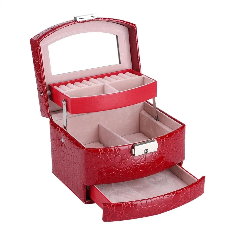 

Automatic 3 Layers Jewelry Packaging Box With Drawers Necklace Rings Earring Jewelry Case With Lock Makeup Mirror Gift Box