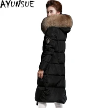 Большой меховой женский зимний пуховик с капюшоном, толстый теплый женский пуховик на белом утином пуху, длинная парка с широкой талией, Doudoune Femme ST208