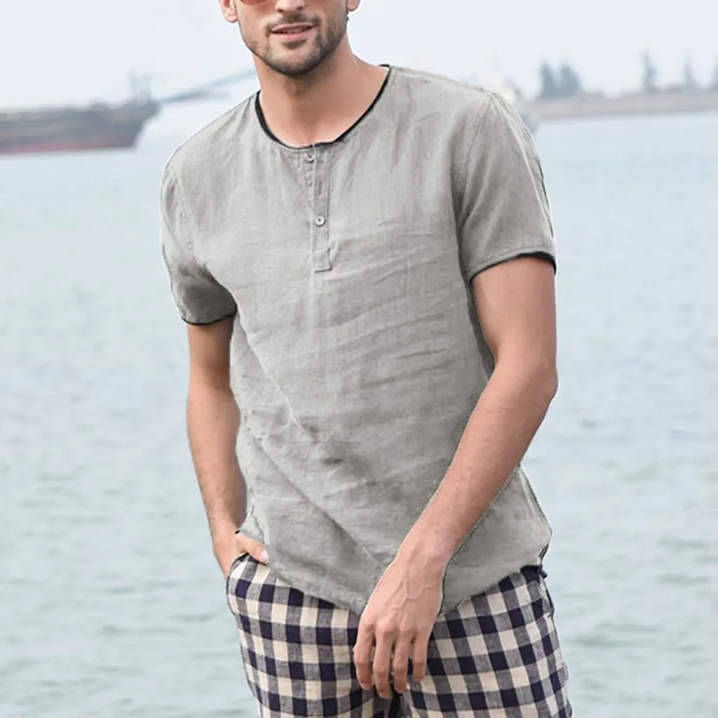 Летняя мужская мешковатая однотонная хлопковая льняная рубашка с коротким рукавом на пуговицах размера плюс, топы S-2XL camisa masculina de mode pour hommes
