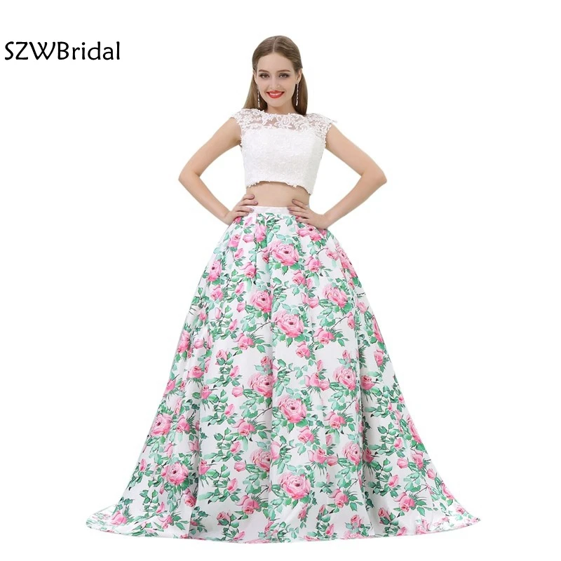 

Fashion Custom made Floral Print Two Piece Prom dresses 2019 Evening Party dress for graduation vestido formatura longo