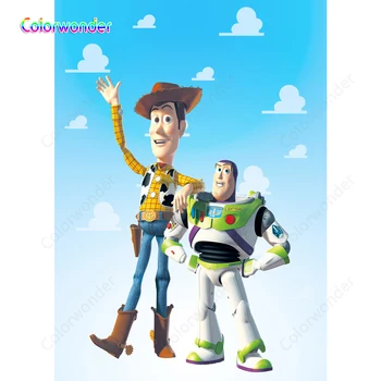 

Kids Birthday Backdrops for Photography Cowboy Woody with Buzz Lightyear 5x7ft Blue Sky with White Clouds Background for Party