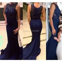 Robe De Soiree Marineblau Lange Meerjungfrau Abendkleid 2016 Durchsichtig Spitze Kristalle Perlen Frauen Besondere Anlässe Ballkleider
