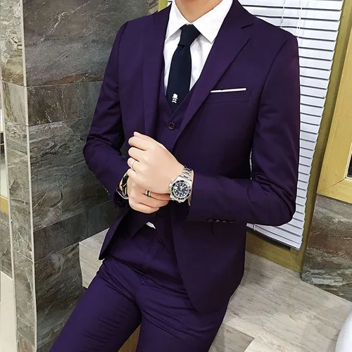 two button purple Блейзеры брюки жилет 3 шт наборы/ мужской свадебный костюм жениха повседневный деловой костюм пиджак пальто брюки костюмы с жилетом - Цвет: two button purple