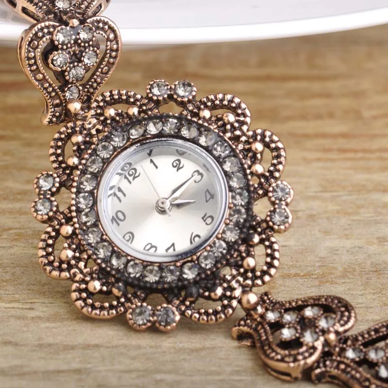 Turkish Watch Bracelet For Women Gold Plated Alloy Crystal Red Resin Bangle Wristwatches Retro Turkey Royal