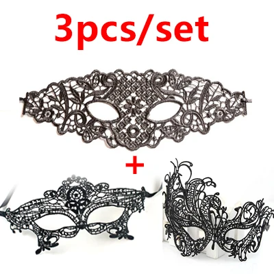 3PCS Маска на Хэллоуин, сексуальная черная кружевная маска для маскарада, вечерние венецианские карнавальные маски, маска на половину лица для танцев - Цвет: 3PCS