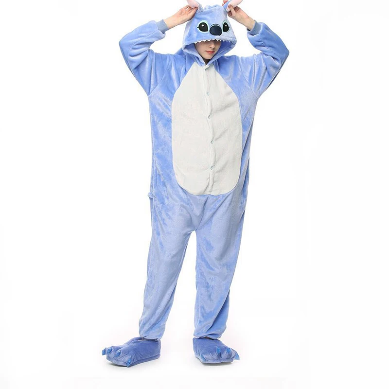 Кигуруми Единорог пижамы женские зимние животные мультфильм шитая пижама набор комбинезонов Мужские Унисекс Взрослые фланелевые пижамы с капюшоном - Цвет: Blue Stitch