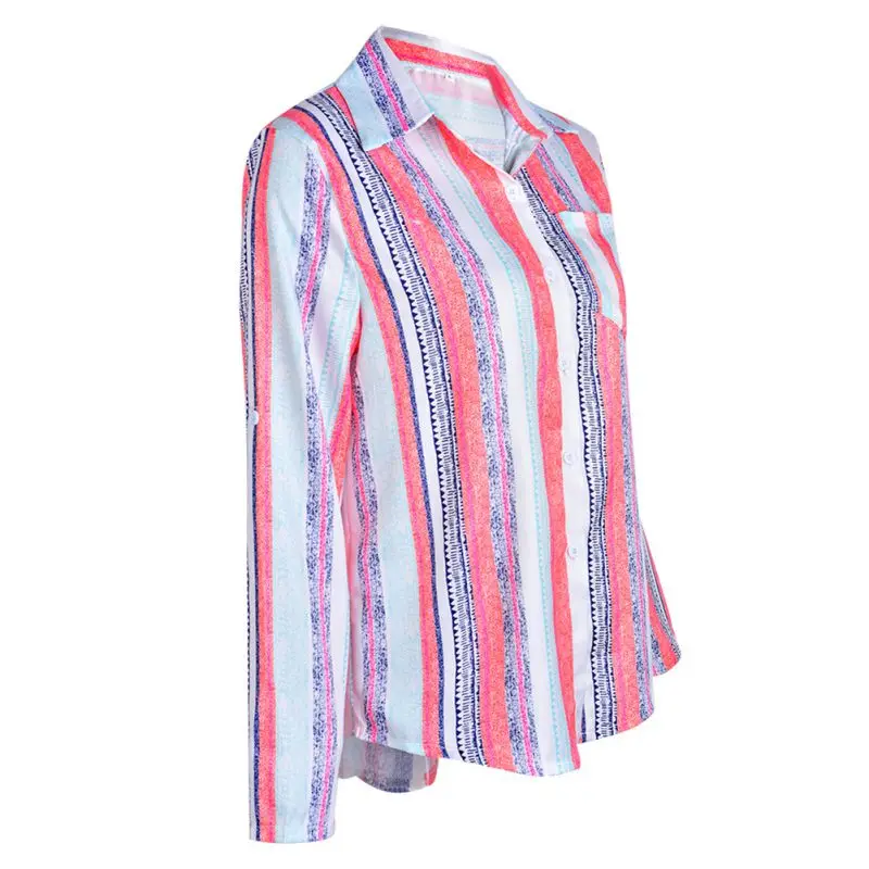 مكتب بلوزة مثير رفض طوق طويل كم قميص مقلم إمرأة الخريف فضفاض عارضة البلوزات زر Camisas الأنثوية