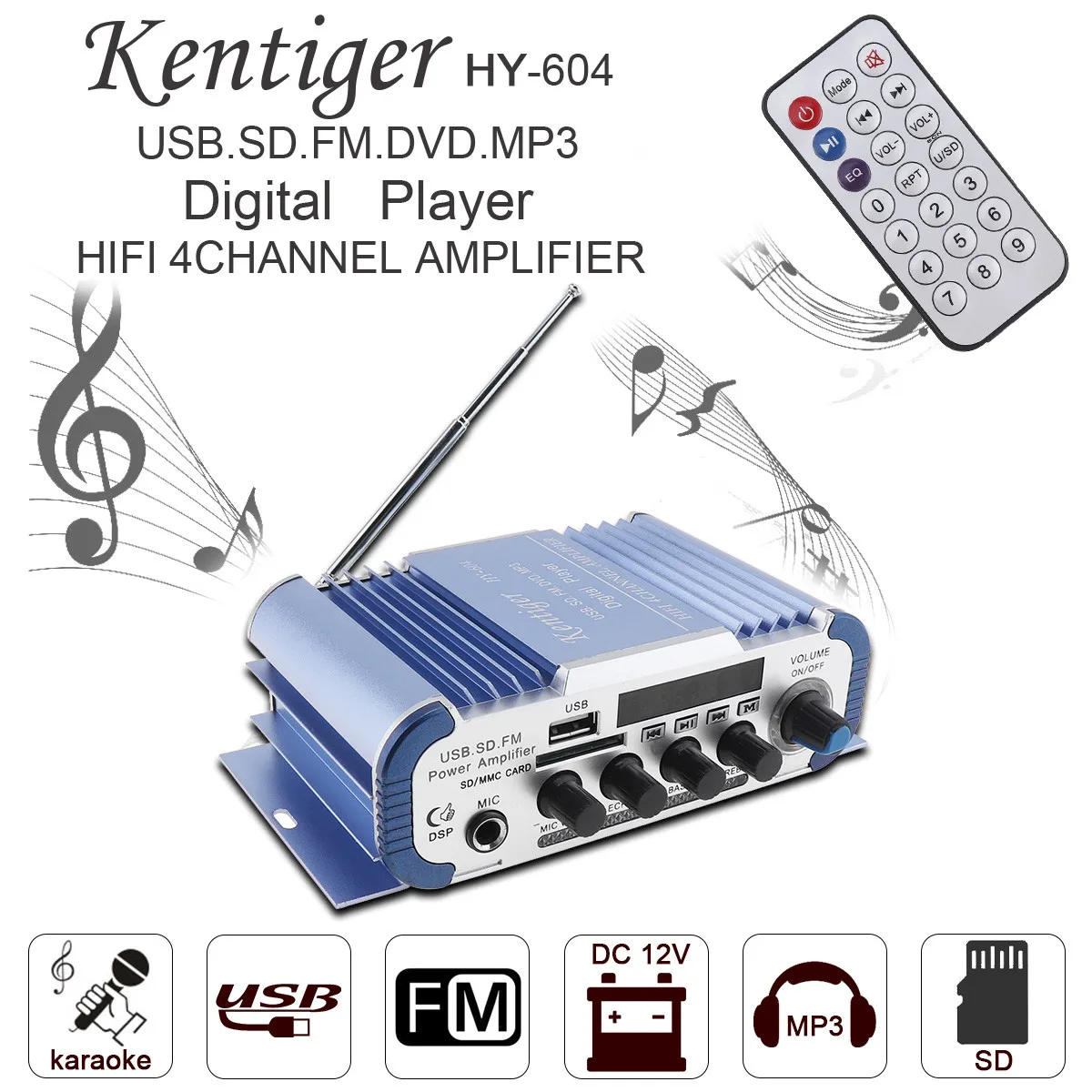 

HiFi 4x42W Auto Car Audio Power Amplifier FM Stereo Radio Player Reverberation Function Support MP3 USB SD DVD Microphone Input