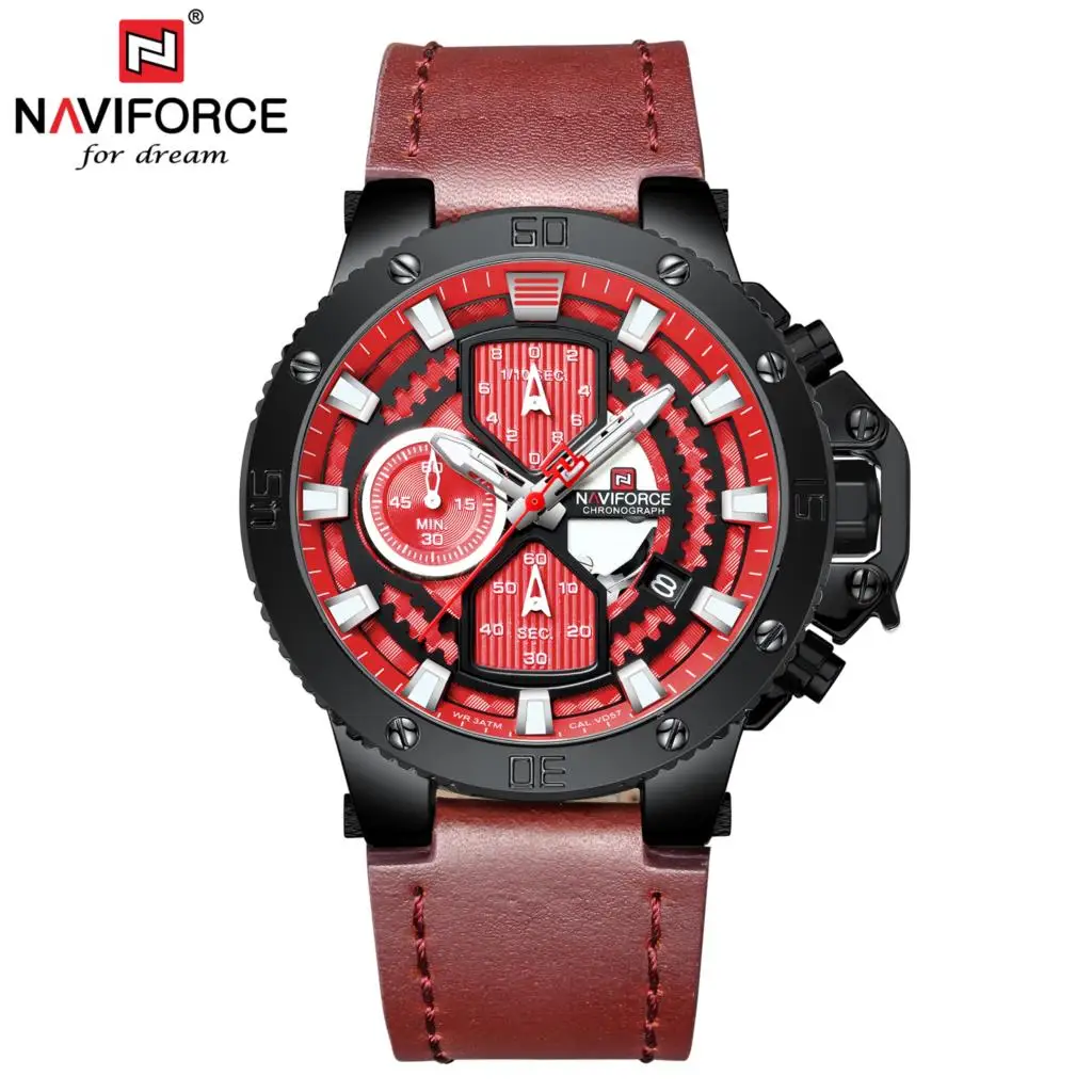 NAVIFORCE часы для мужчин модные спортивные кварцевые часы кожа для мужчин s часы Лидирующий бренд роскошные золотые водонепроница - Цвет: Красный