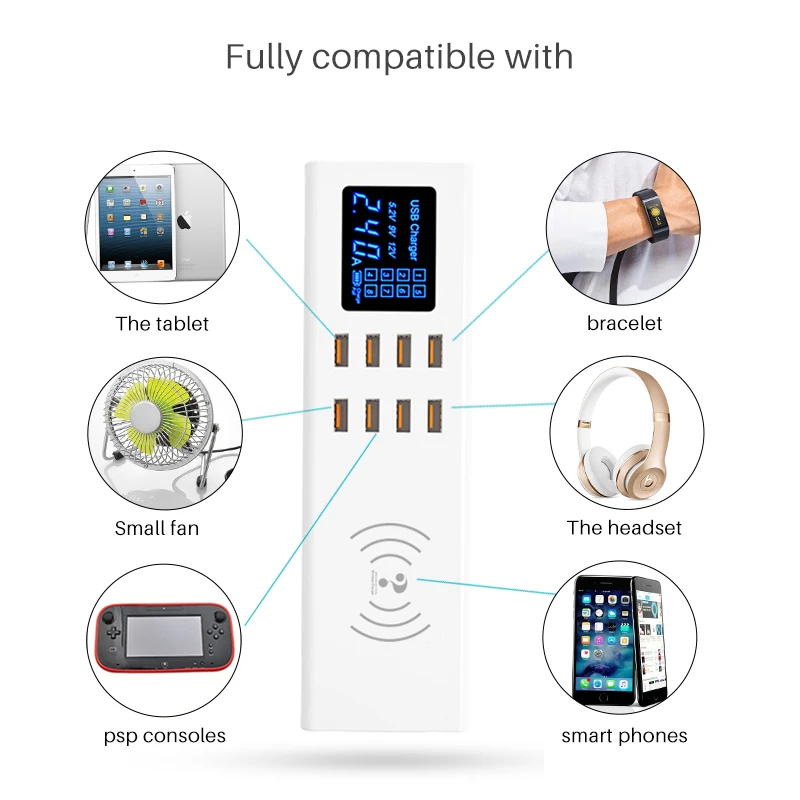 Беспроводное зарядное устройство Qi, умное USB быстрое зарядное устройство, несколько портов, светодиодный дисплей, зарядка, концентратор, розетка, адаптер для Xiaomi, samsung, huawei