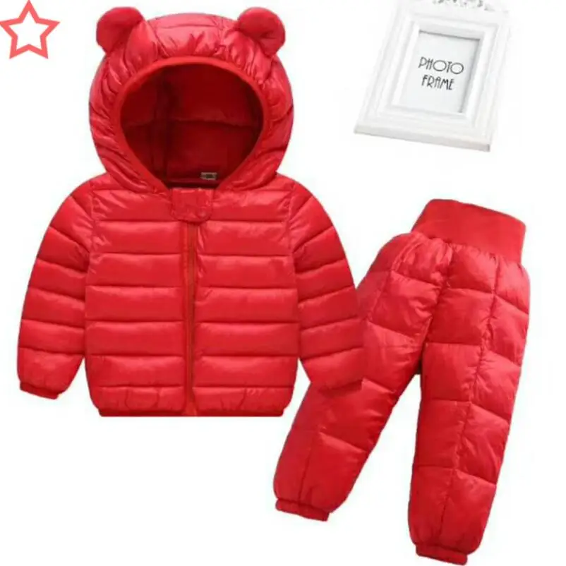 red Комплекты зимней одежды комплект из 2 предметов, куртка с хлопковой подкладкой с капюшоном и заячьими ушками+ штаны теплая парка для маленьких мальчиков и девочек, пальто детские зимние костюмы - Цвет: red