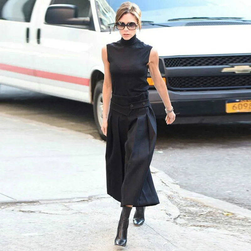 

Office Lady Turtleneck vest knit sleeveless top female + loose Fashion wide leg Calf-Length pants Two-Piece Sets spring