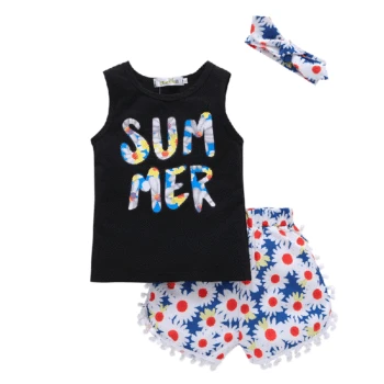 

2019 summer new little baby girl clothes sleeveless vest + flower print ball shorts + headband accessories set baby girl 3 set